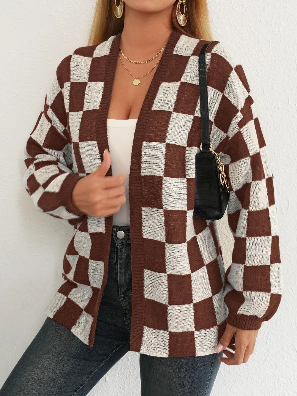 Checkered Open Front Long Sleeve Cardigan - Fashorio