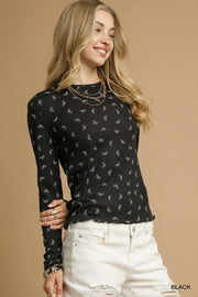 Umgee Bow Print Lightweight Knit Top Black - Fashorio