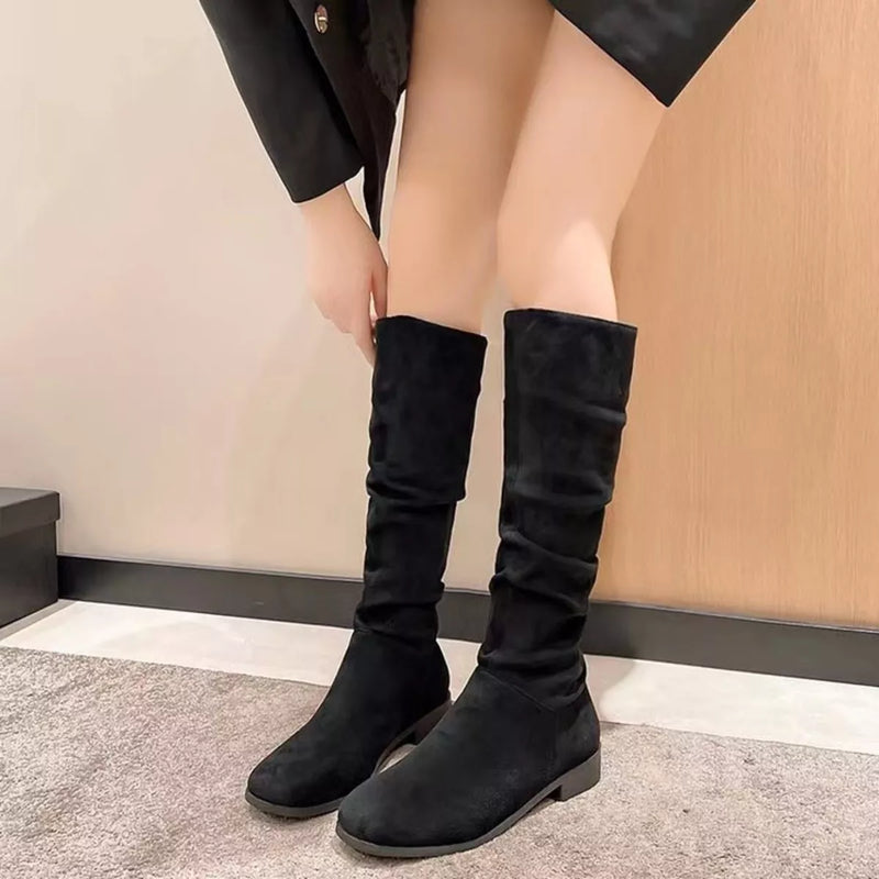 Round Toe Suede Block Heel Boots front view