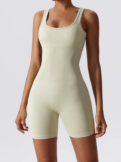 Basic Bae Ribbed Sleeveless Active Romper Cream - Fashorio