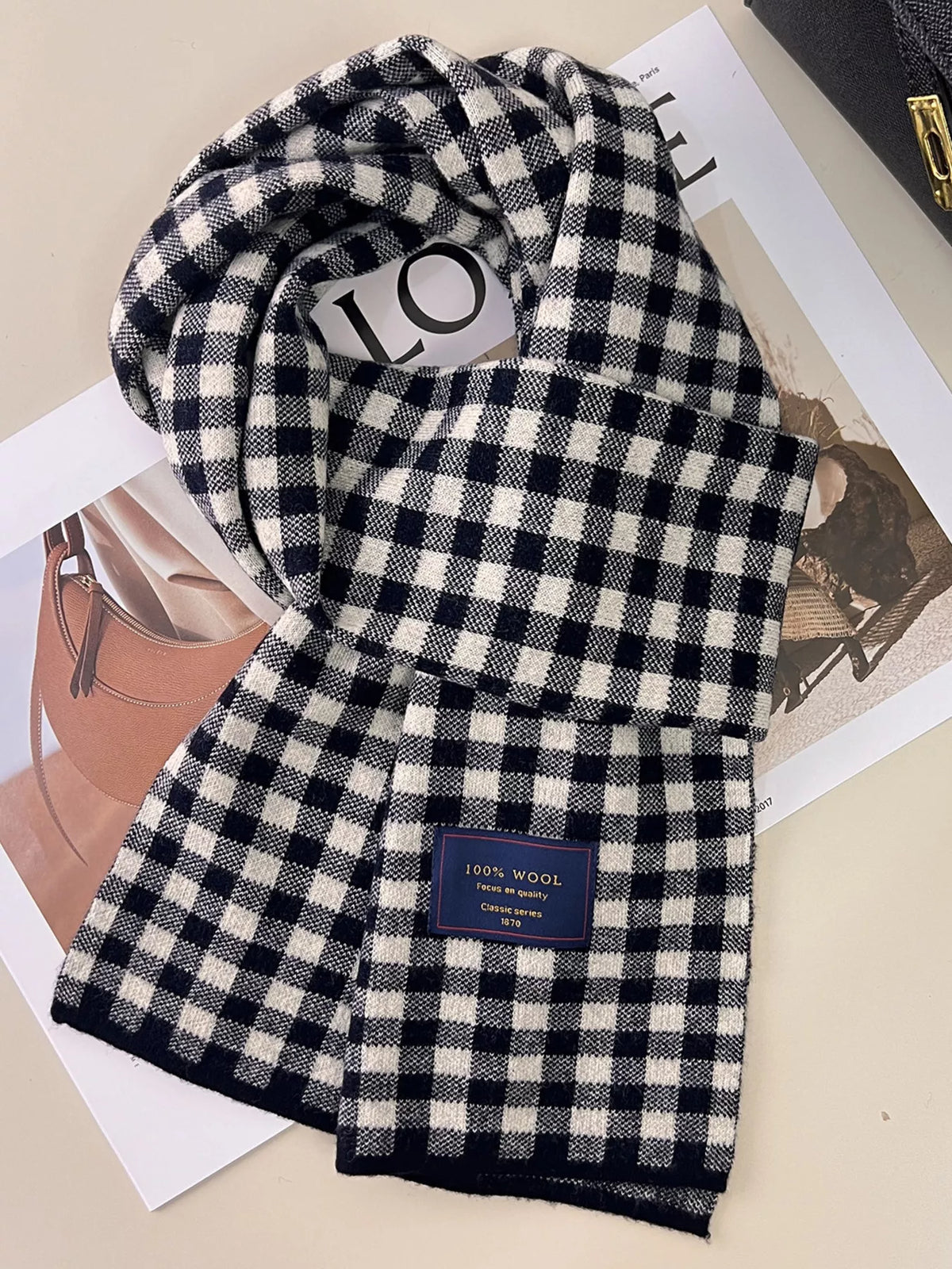 Wool plaid scarf knotted for warmth