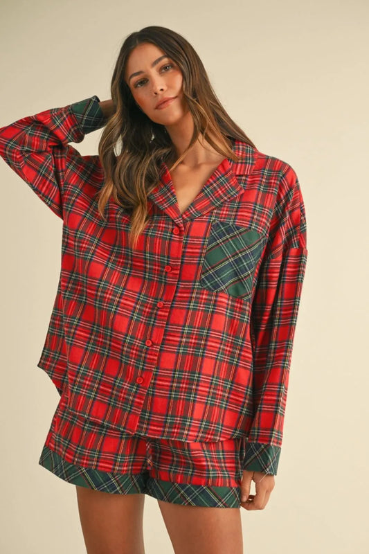Annie Wear Contrast Plaid Long Sleeve Top and Shorts Set Red - Fashorio
