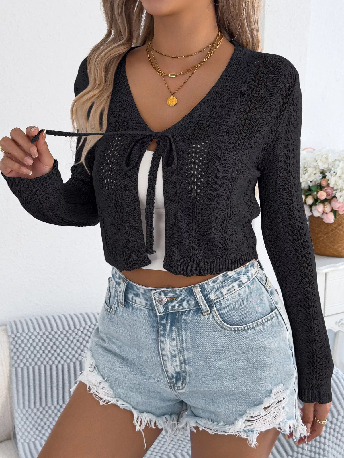 Crochet Knit Tie Front Cropped Cardigan, view 12