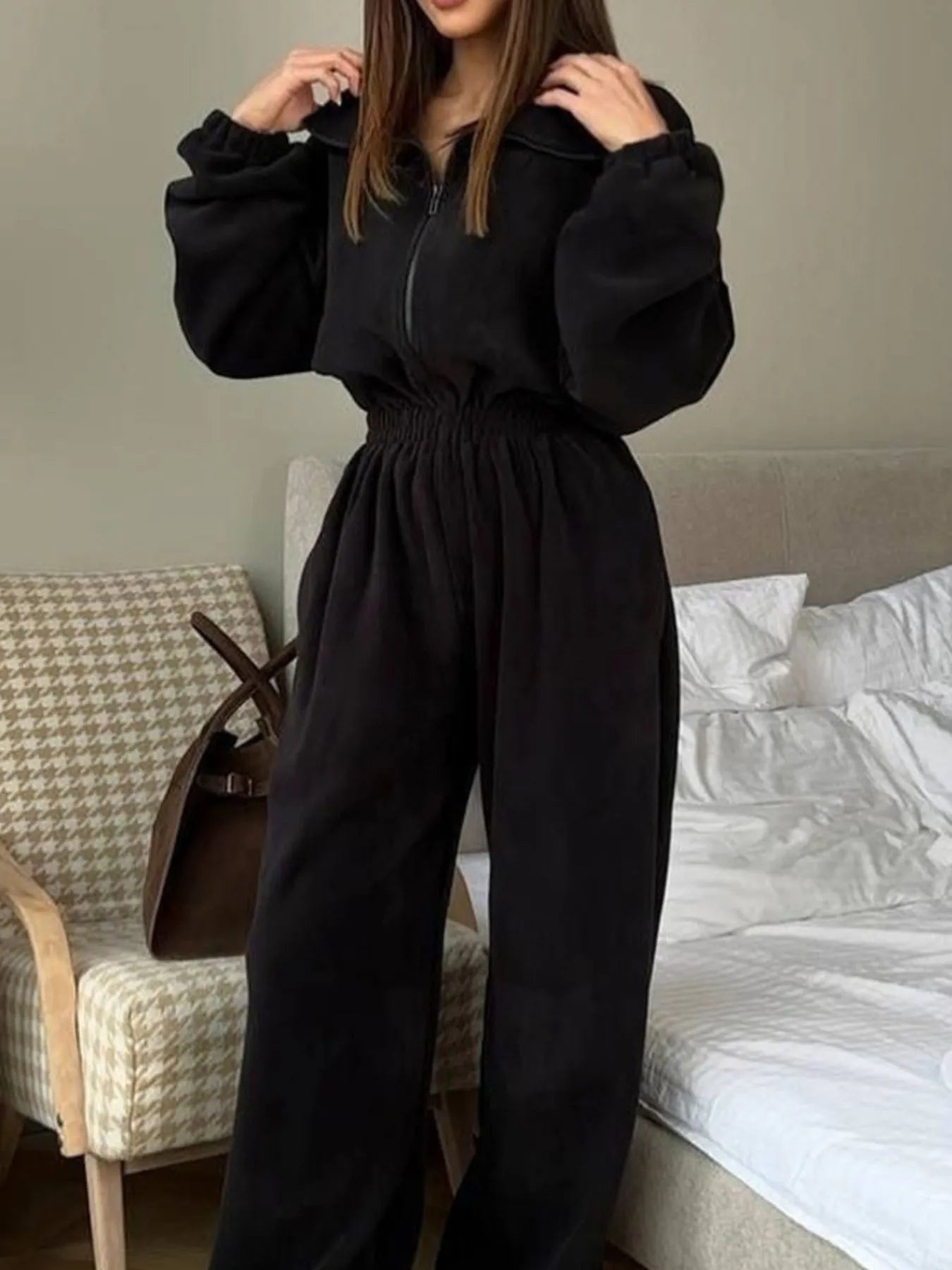 Zip Front Long Sleeve Jumpsuit Black - Fashorio