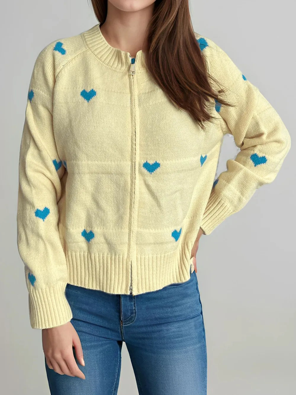 Heart Round Neck Zip Up Cardigan - Fashorio