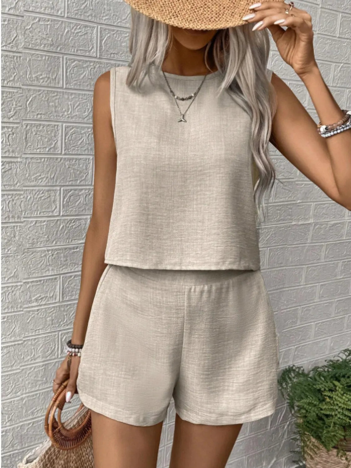 Round Neck Sleeveless Top and Shorts Set Dust Storm - Fashorio
