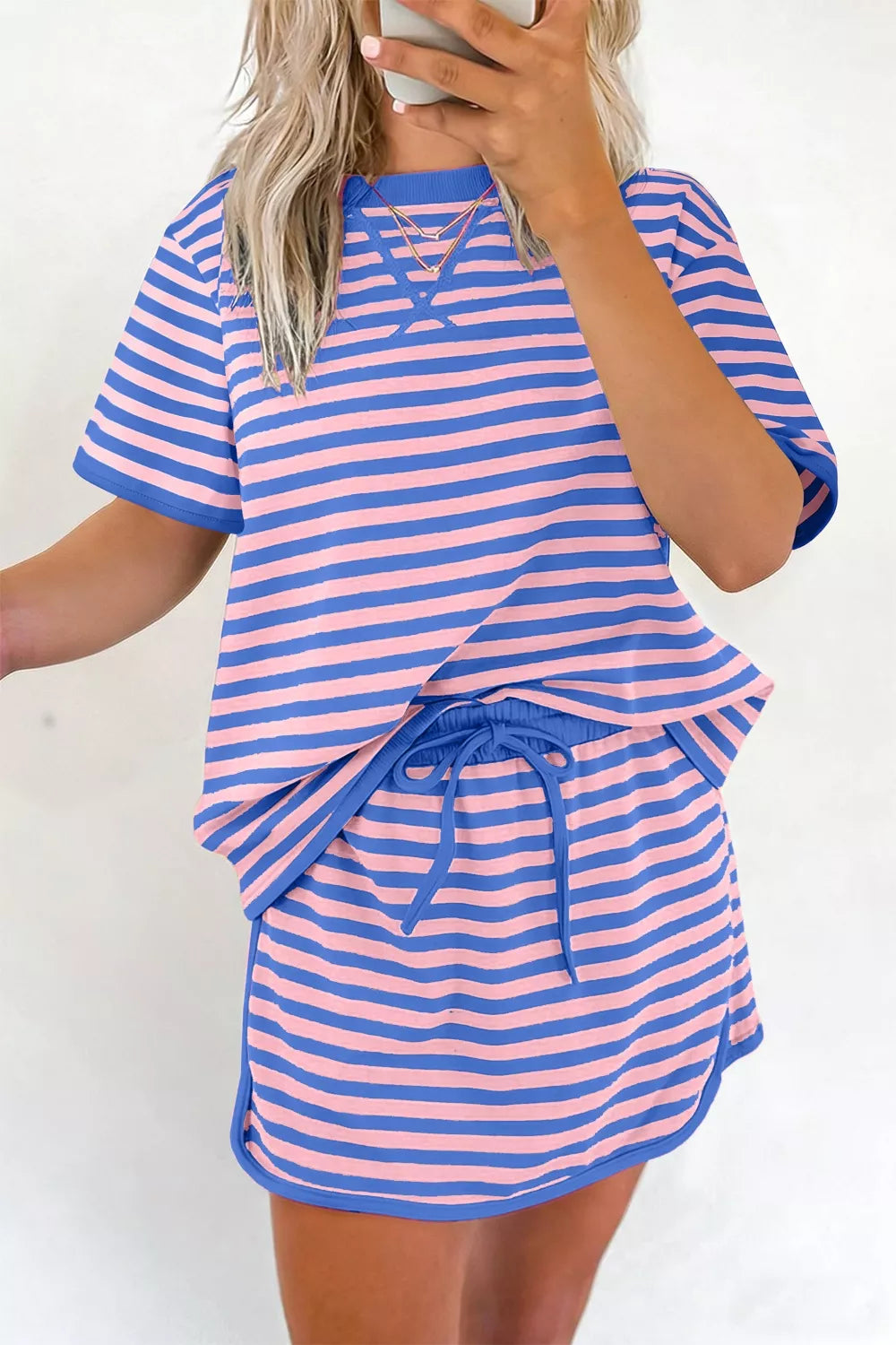 Striped short sleeve tee and shorts two piece set front view