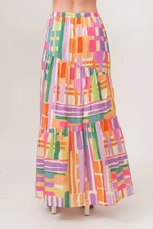 And The Why Asymmetric Geo Printed Tiered Maxi Skirt - Fashorio
