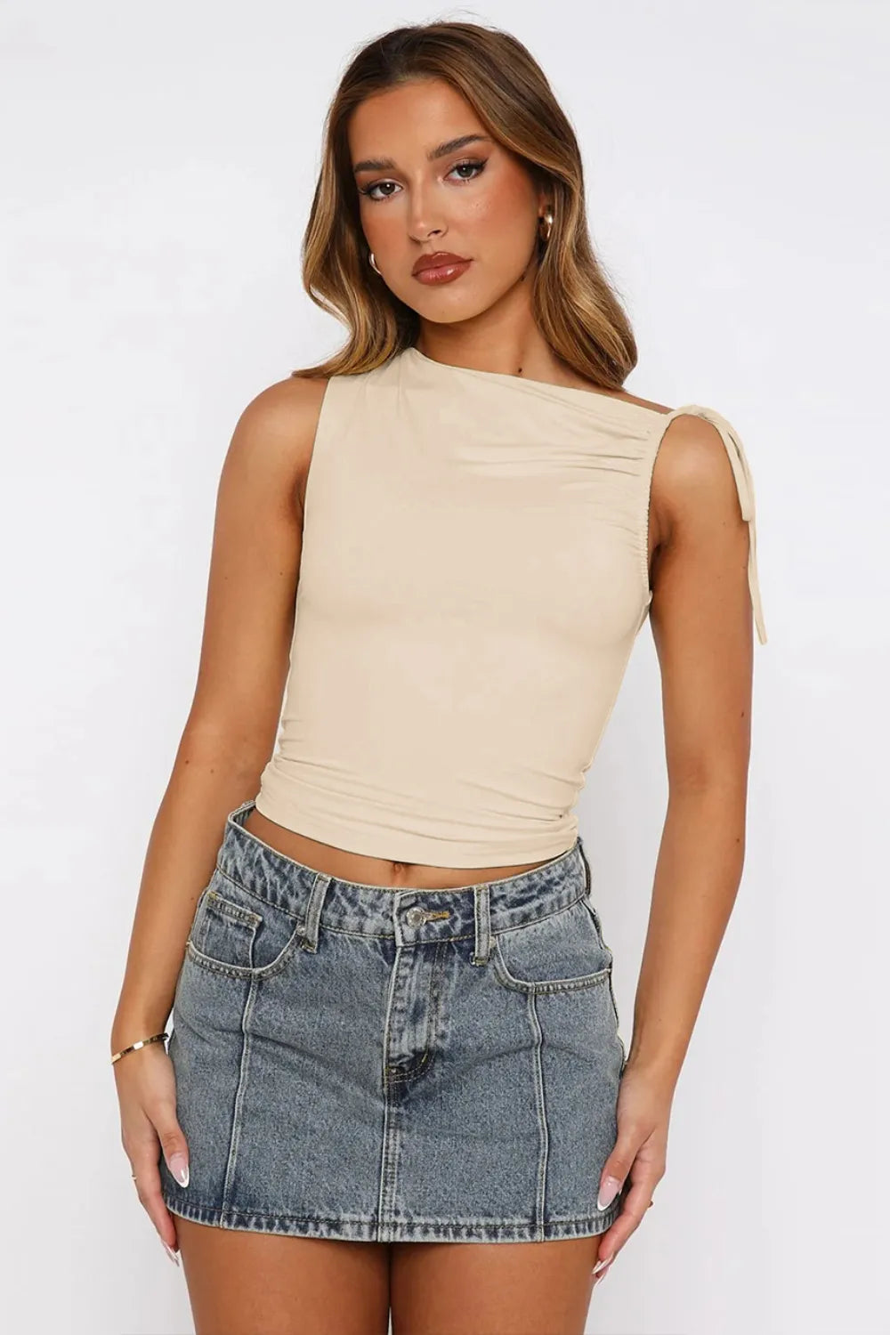 Solid color ruched tank top back view