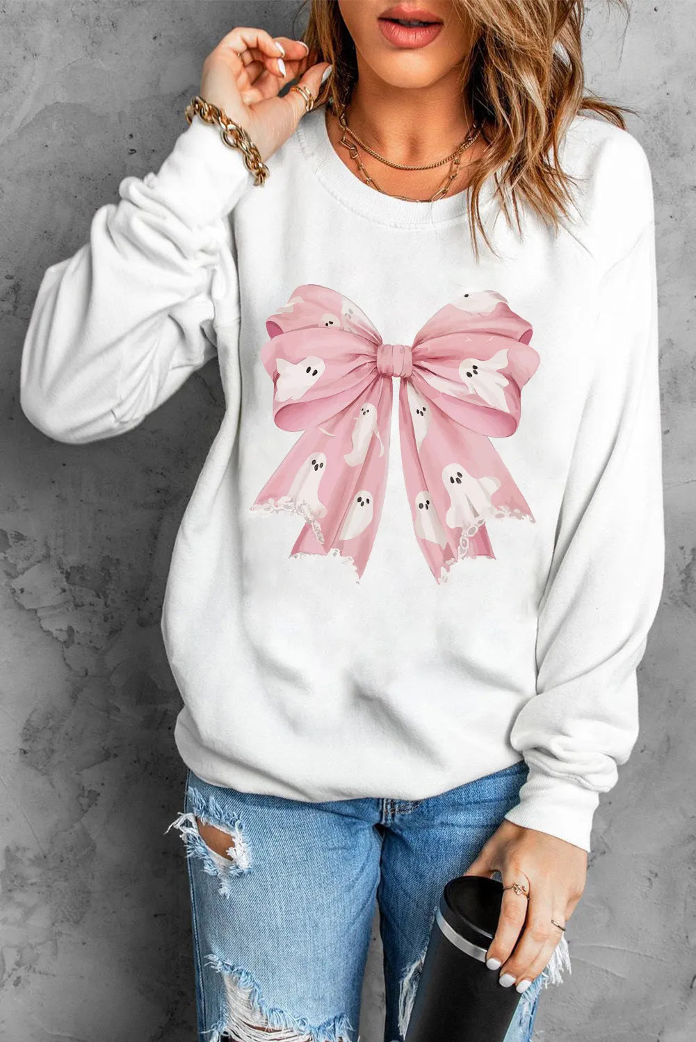 White bow round neck long sleeve sweatshirt front