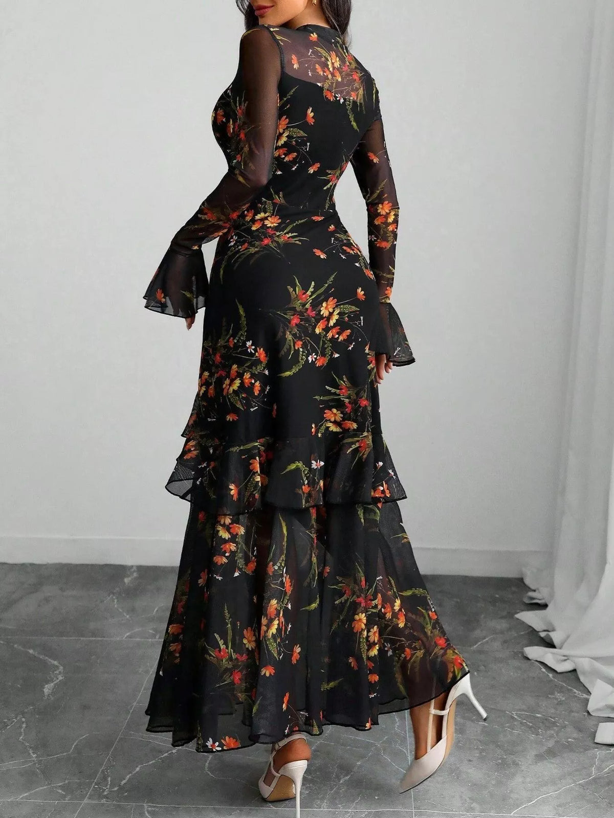Floral flounce sleeve mermaid maxi dress, side view