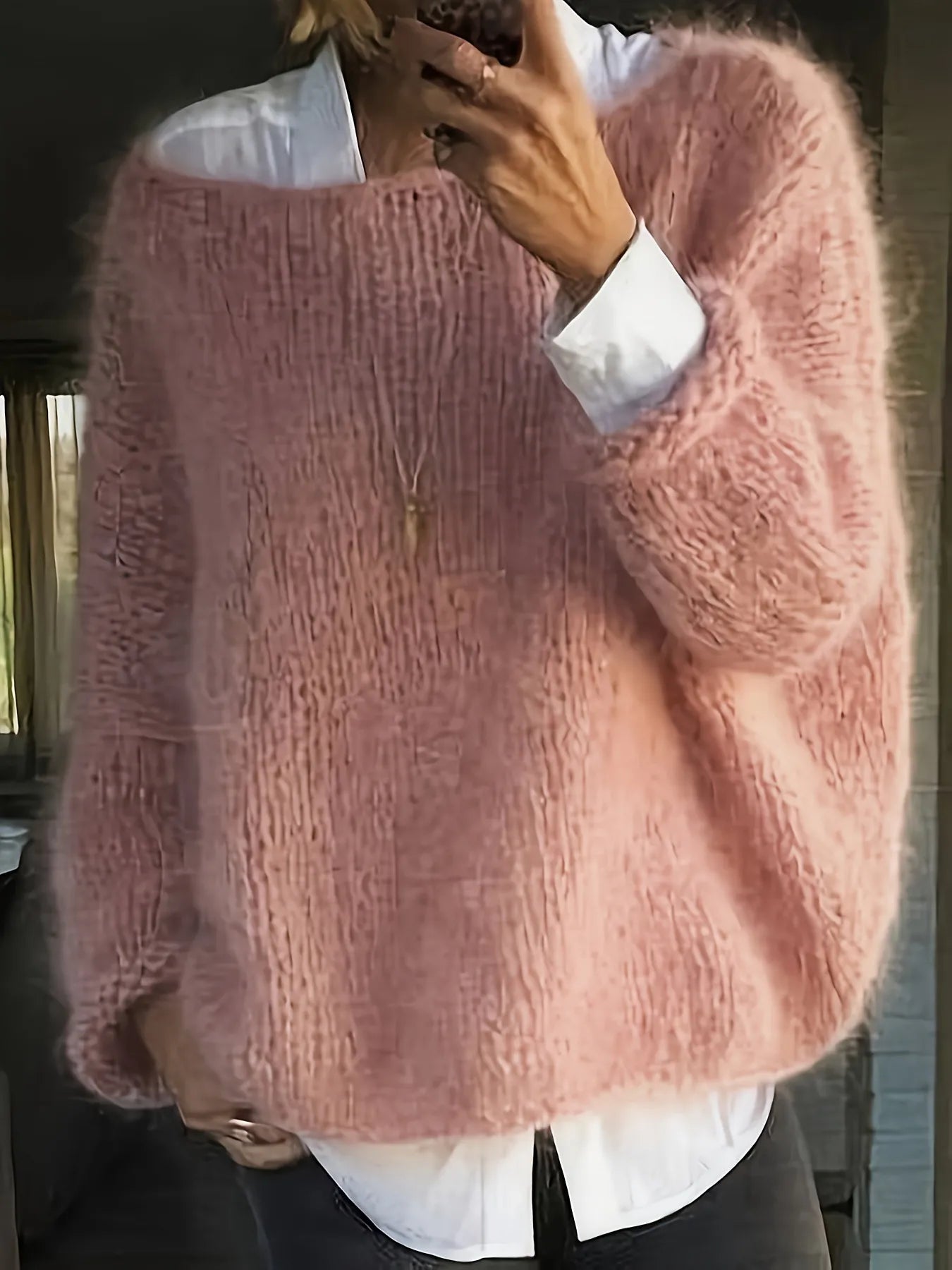 Oversized Round Neck Long Sleeve Sweater Dusty Pink - Fashorio