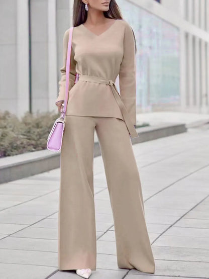 V-Neck Long Sleeve Top and Drawstring Pants Sweater Set Tan One Size - Fashorio