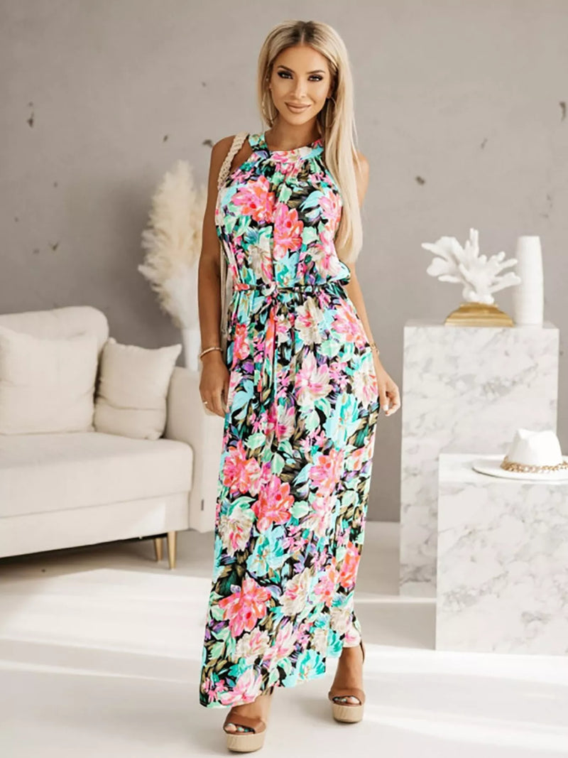 Printed sleeveless belted maxi dress front view