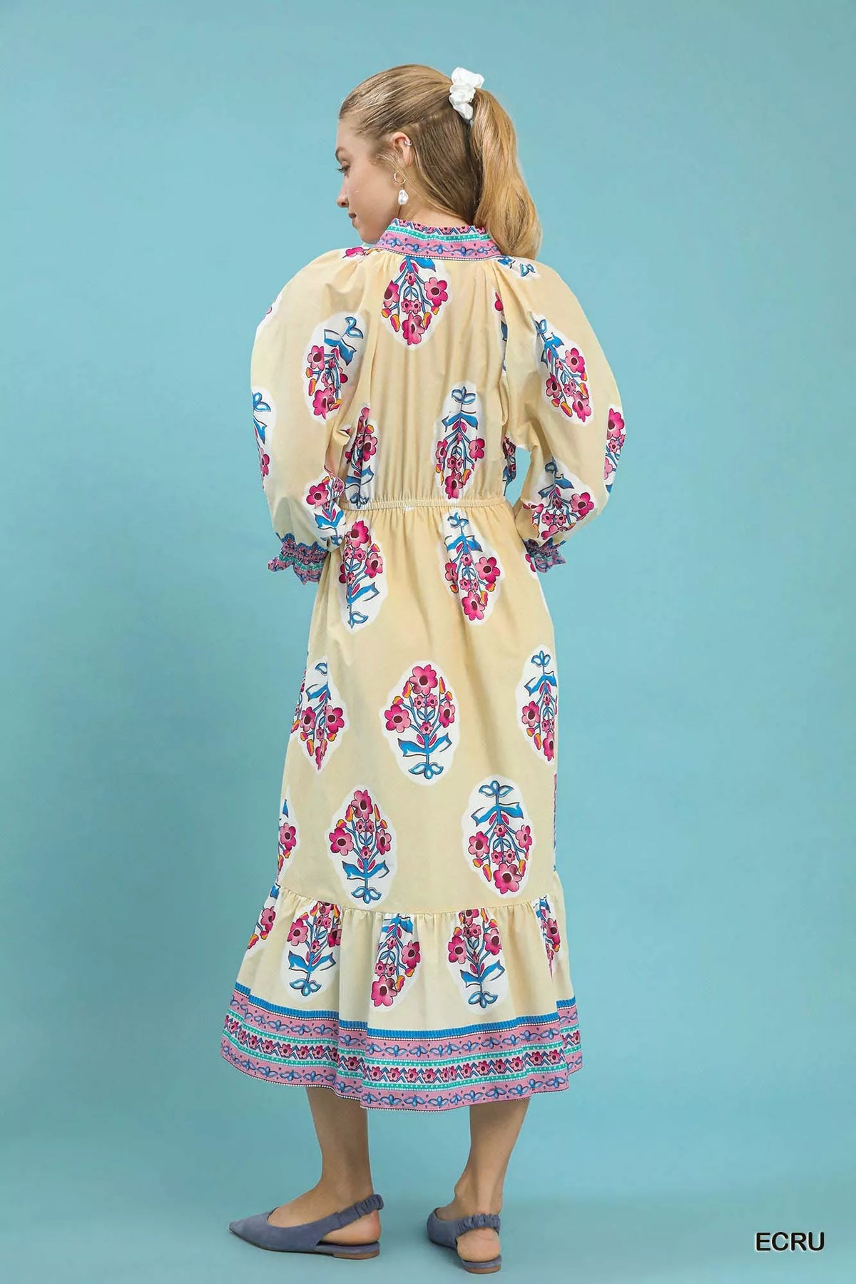 Floral Border Print Midi Dress in Ecru side view