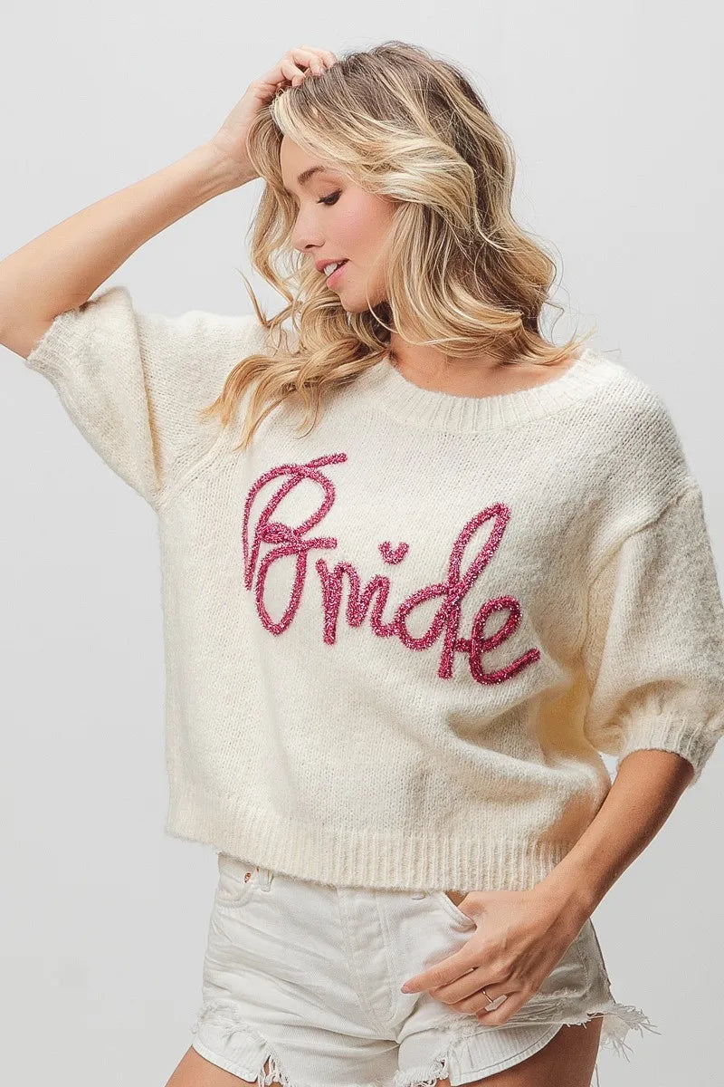 Metallic Letter Fuzzy Puff Sleeve Top in Ivory view 11