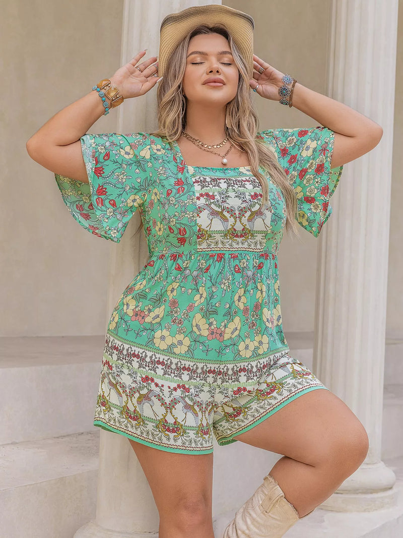 Plus size floral square neck romper in light green front view