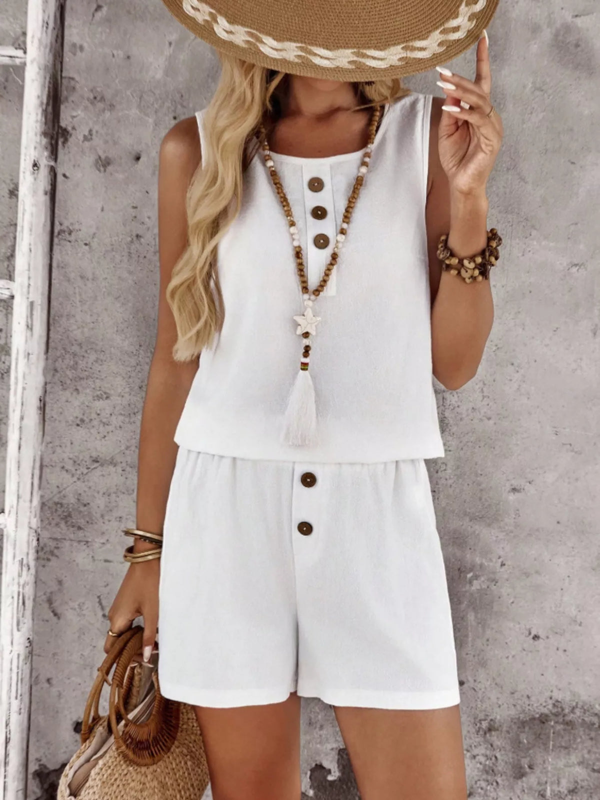 Decorative Button Round Neck Tank and Shorts Set, view 11