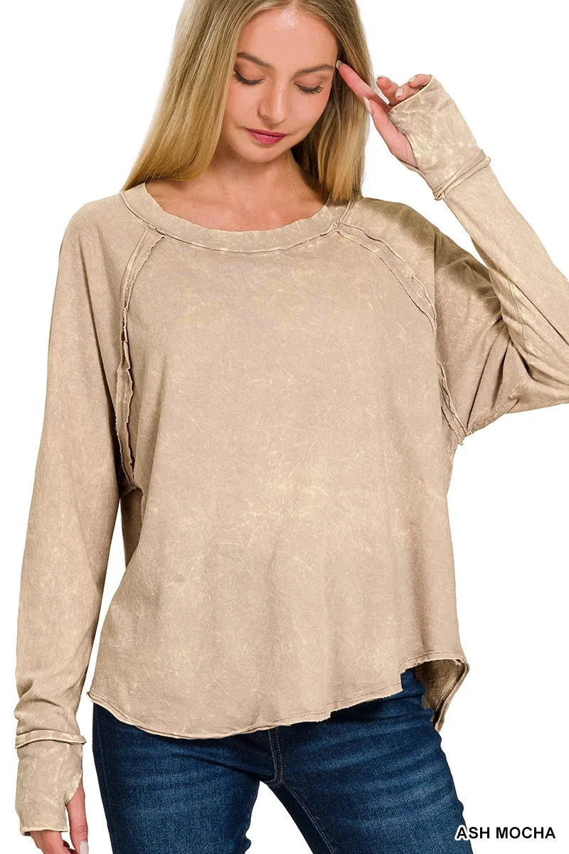 Zenana Crinkle Washed Thumb Hole Cuffs Long Sleeve Top - Fashorio
