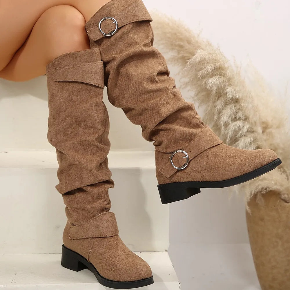round toe buckle block heel boots front view