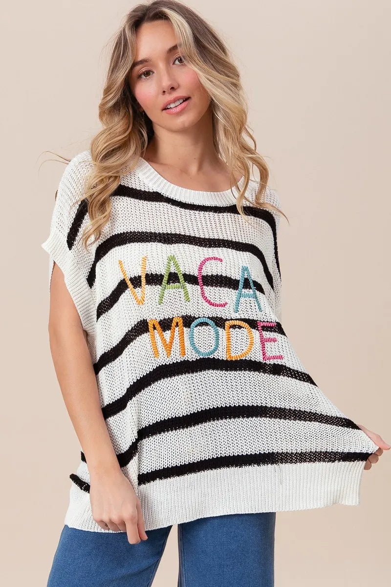 BiBi Vacay Mode Lettering Drop Shoulder Striped Sweater - Fashorio
