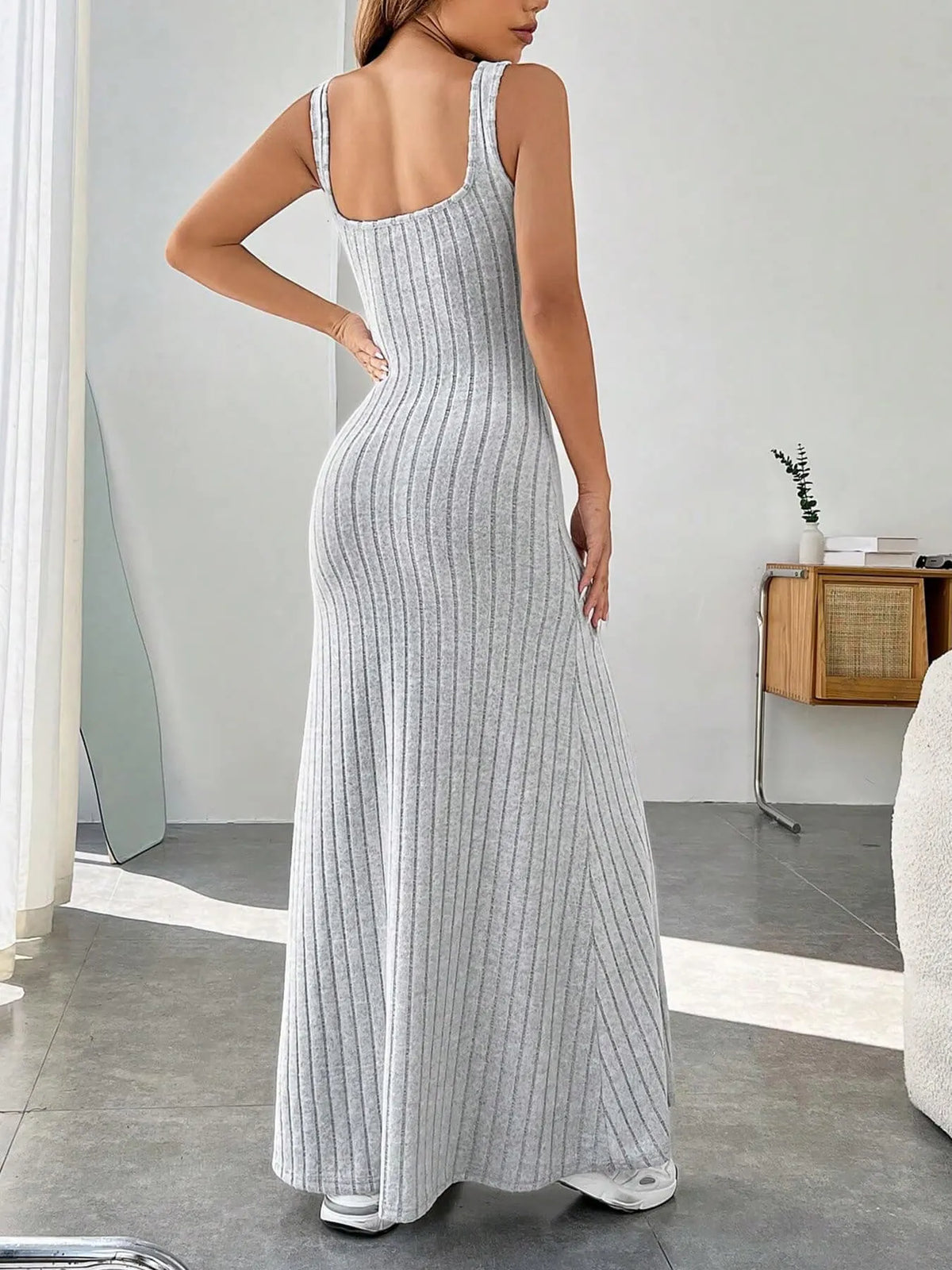 ribbed knit square neck sleeveless maxi dress close up