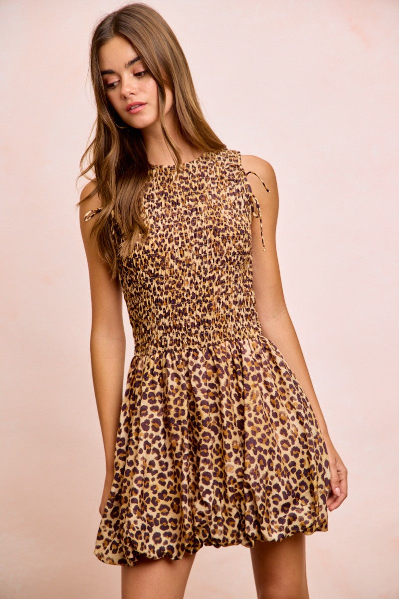 Leopard Bow Tie Attachable Puff Sleeves Dress view 19