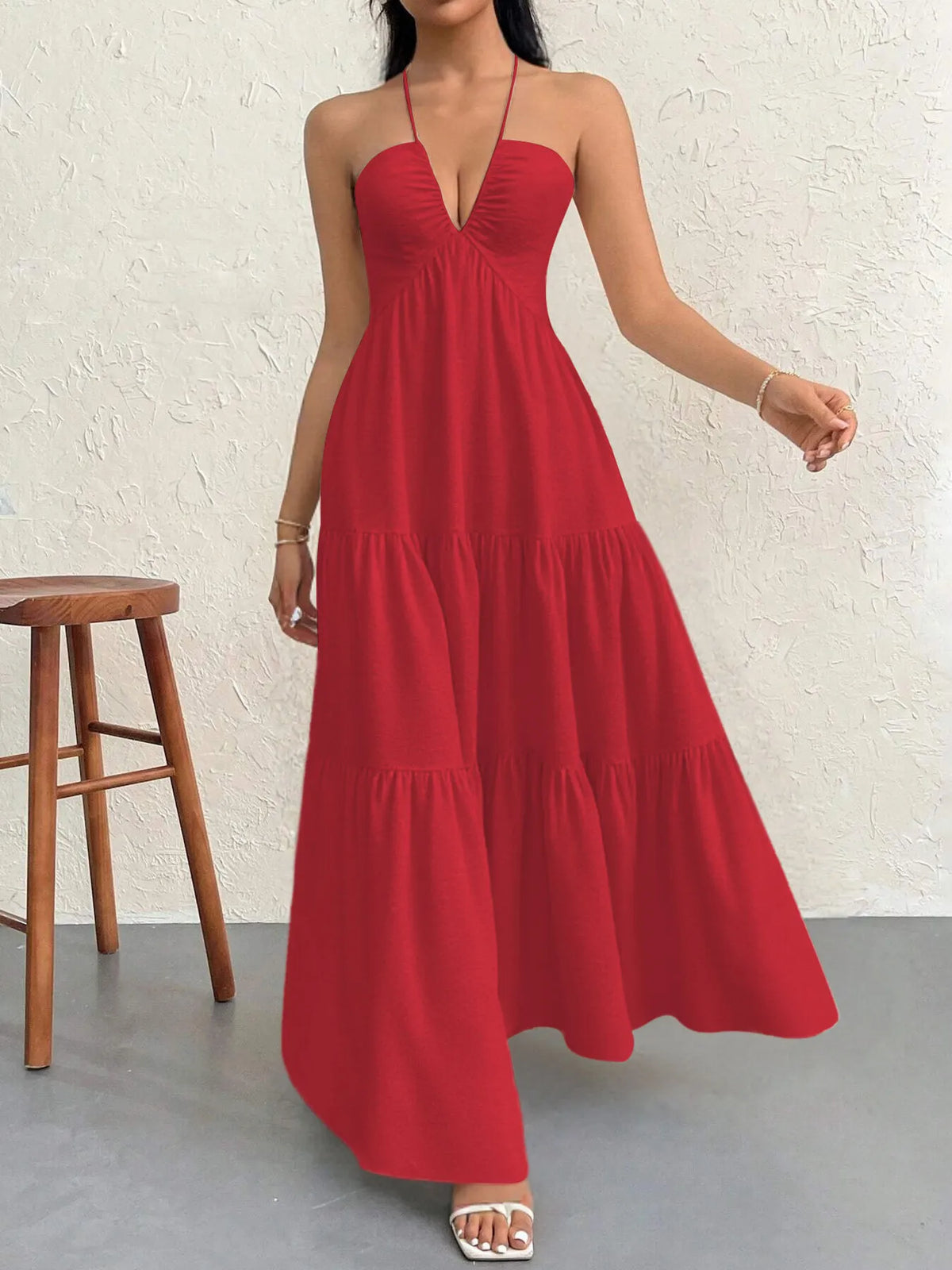 halter neck tiered backless maxi dress skirt movement