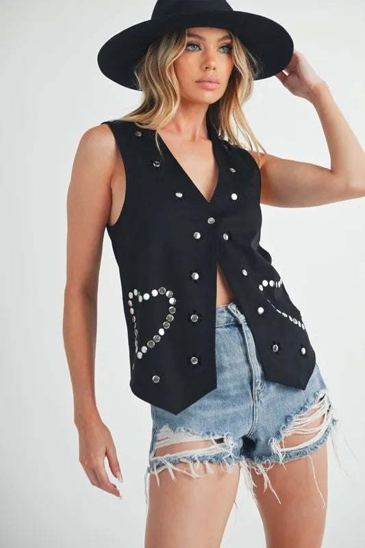 Aemi + Co Heart Rivet Detail Suede Vest Coat Black - Fashorio