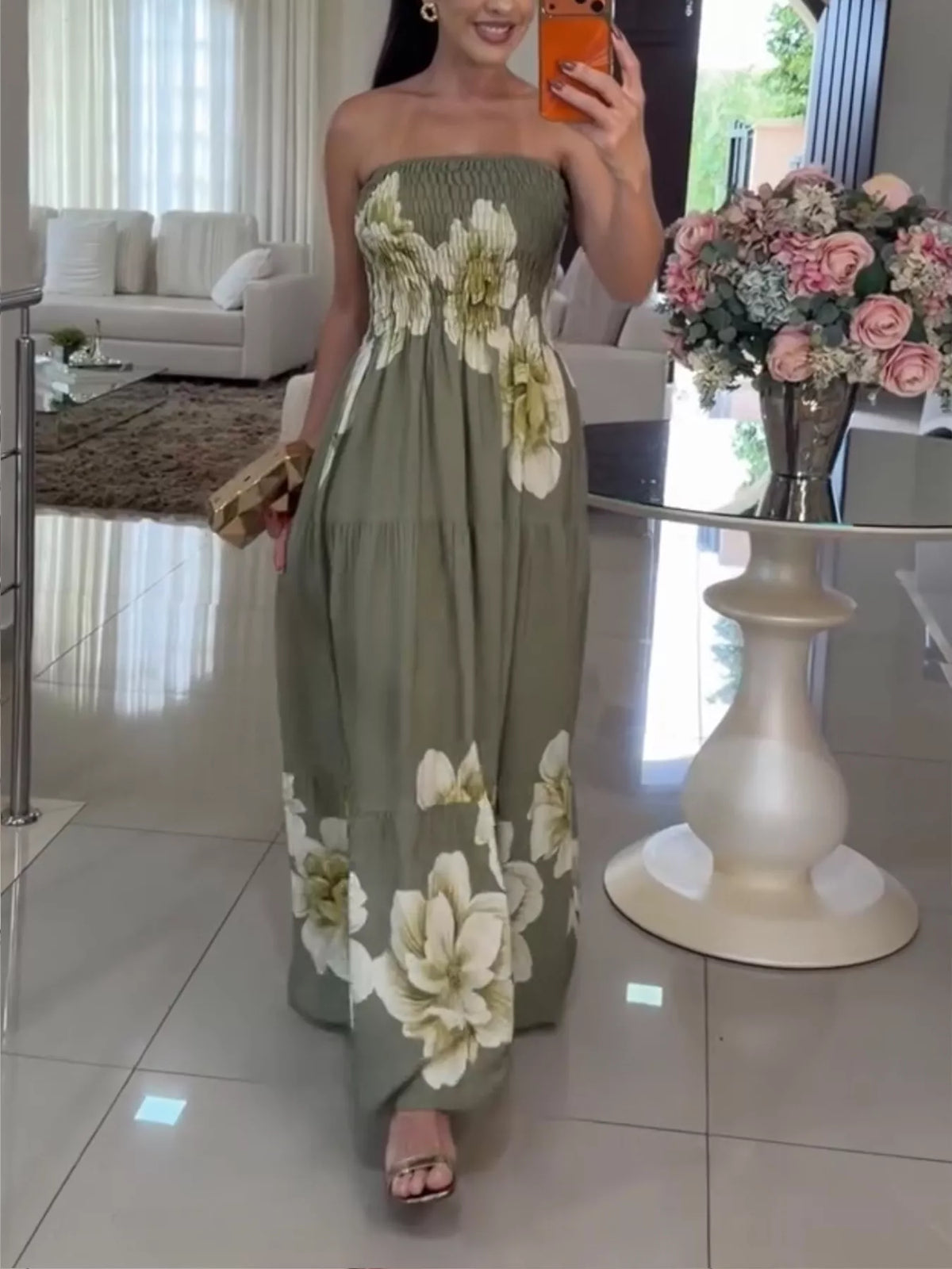 green floral smocked strapless tube maxi dress styled outfit view