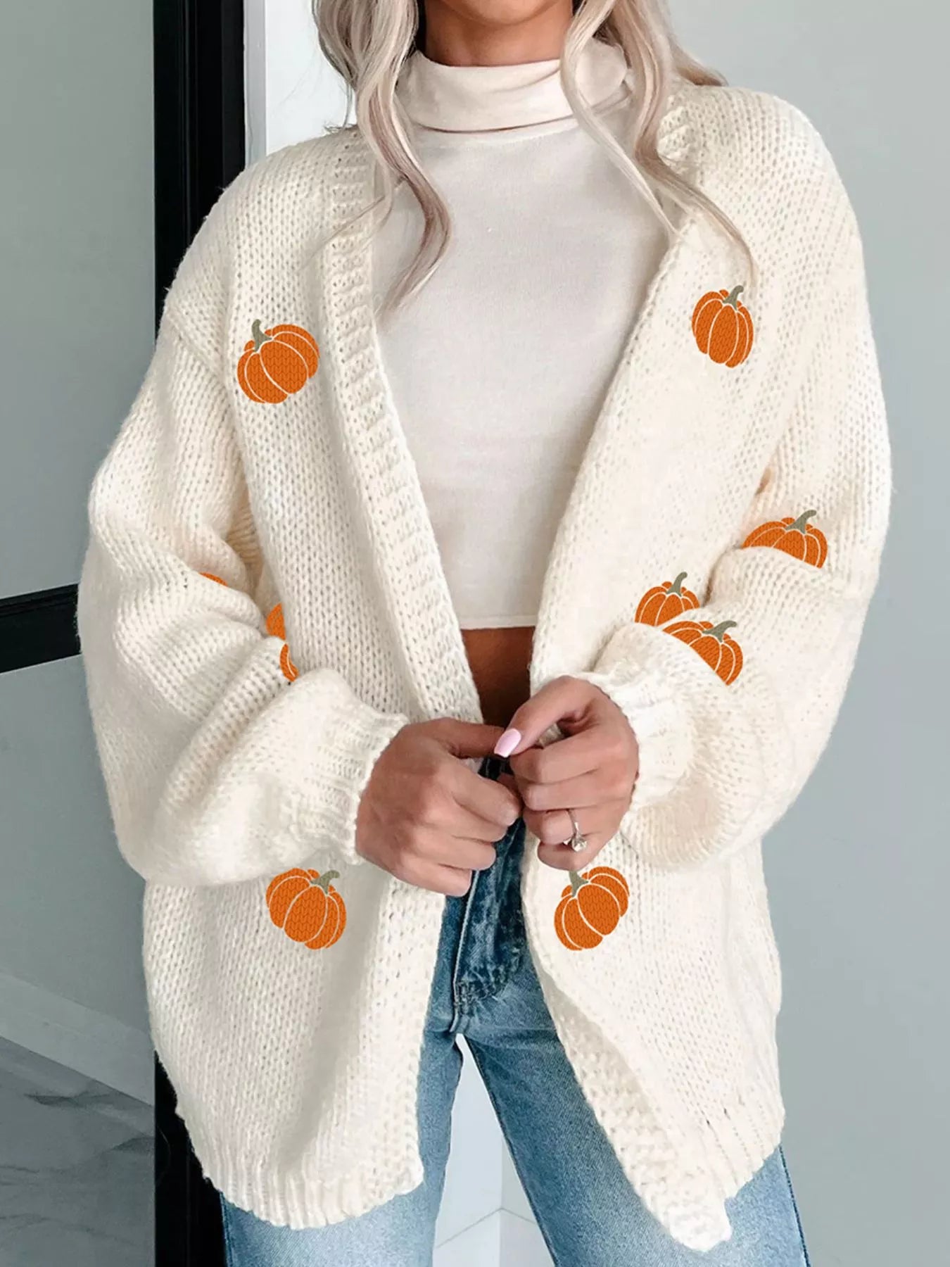 Halloween Pumpkin Embroidered Knit Cardigan - Fashorio