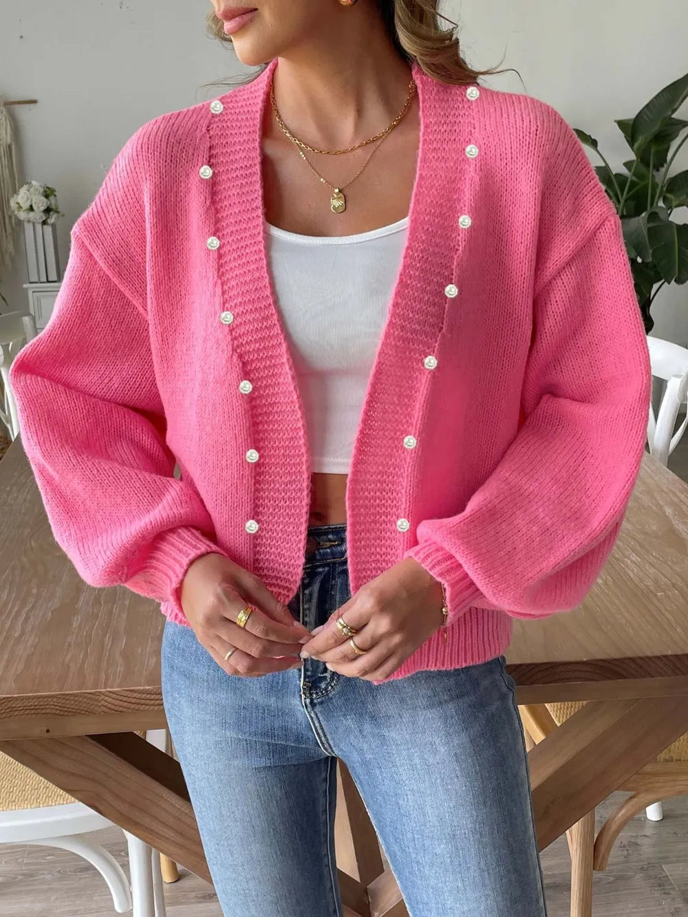 Pearl Open Front Long Sleeve Cardigan - Fashorio