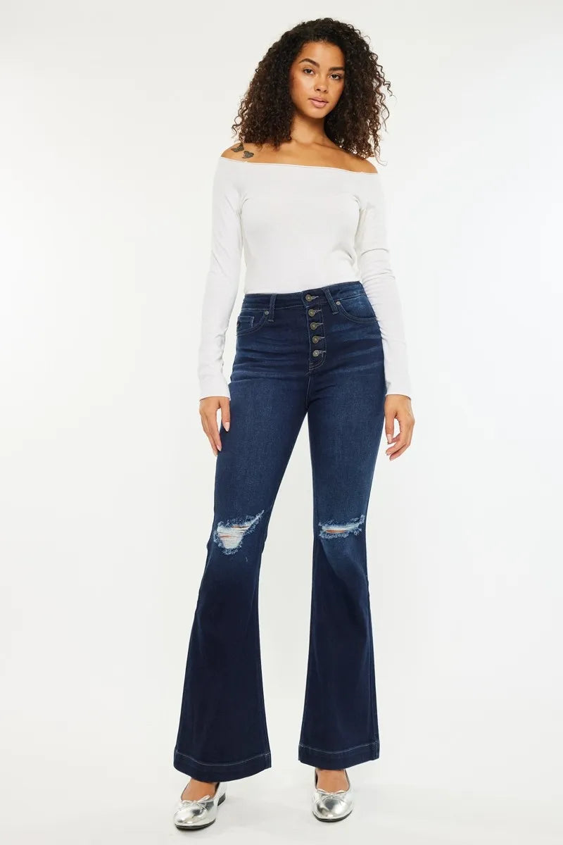 Kancan Button Fly High Rise Distressed Flare Jeans - Fashorio