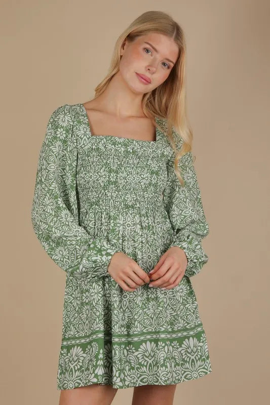 Printed Smocked Chest Boho Mini Dress back view