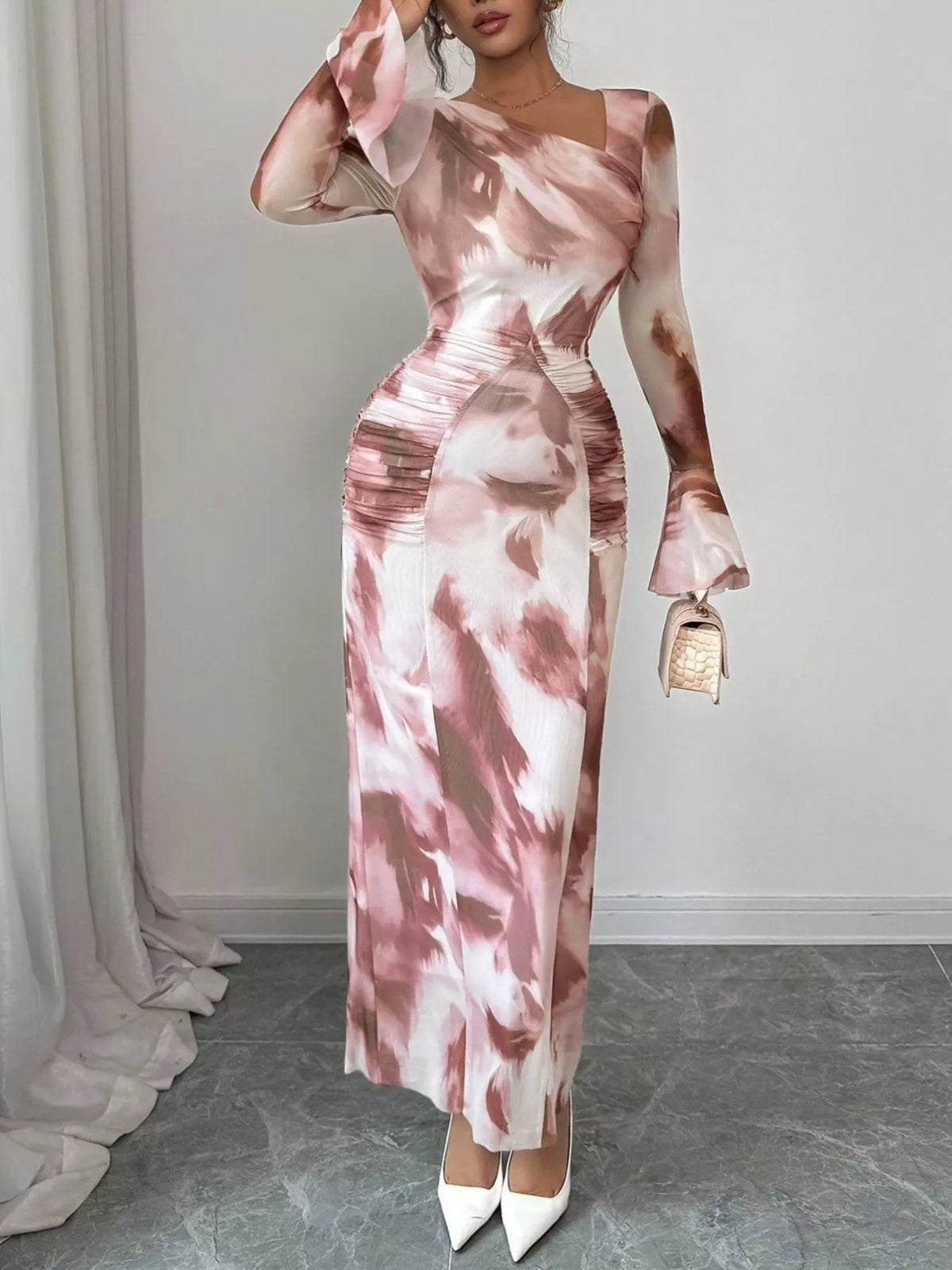 Red asymmetrical neck long sleeve maxi dress, detail of neckline