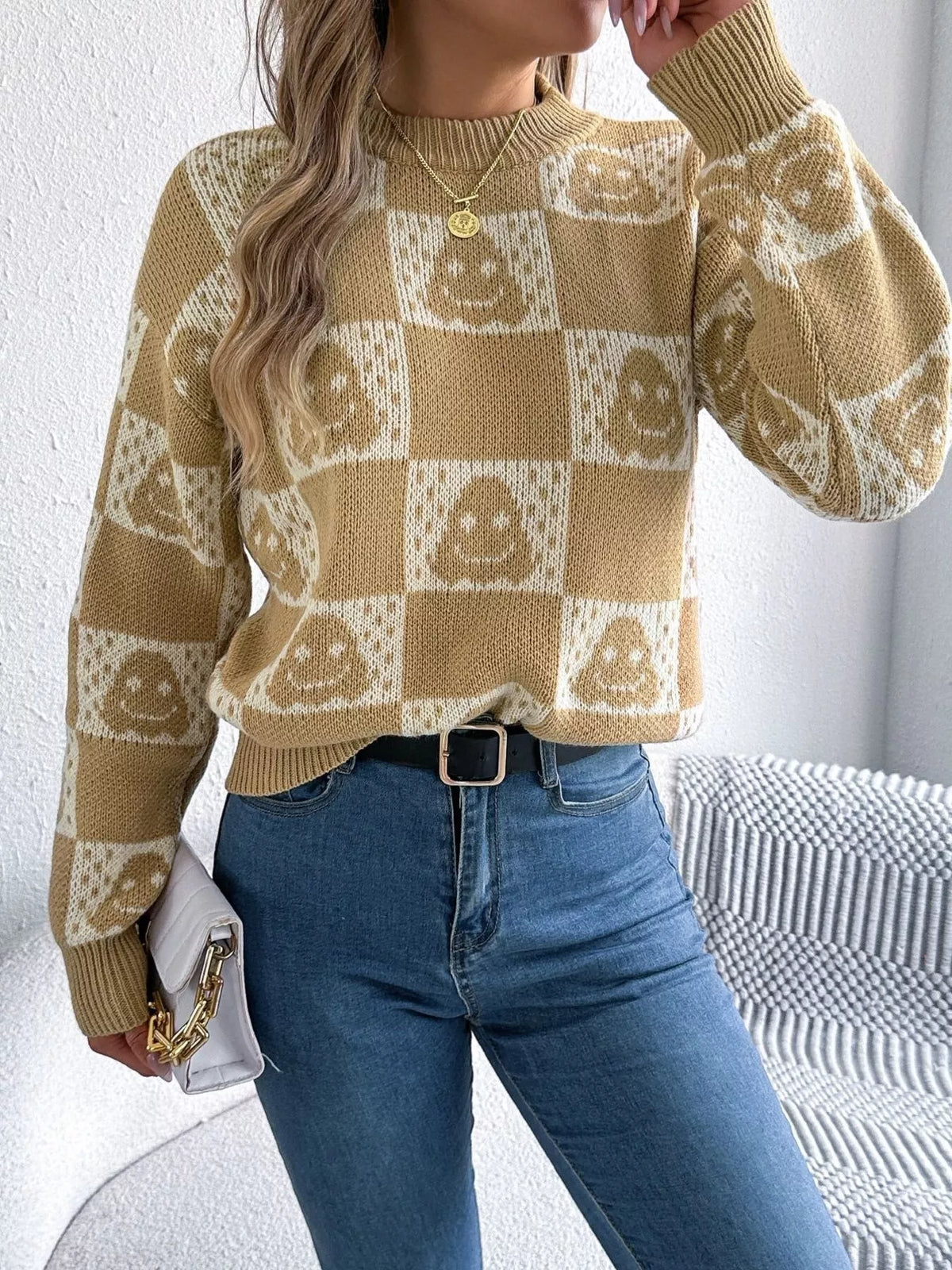 Halloween Ghost Check Round Neck Sweater close up
