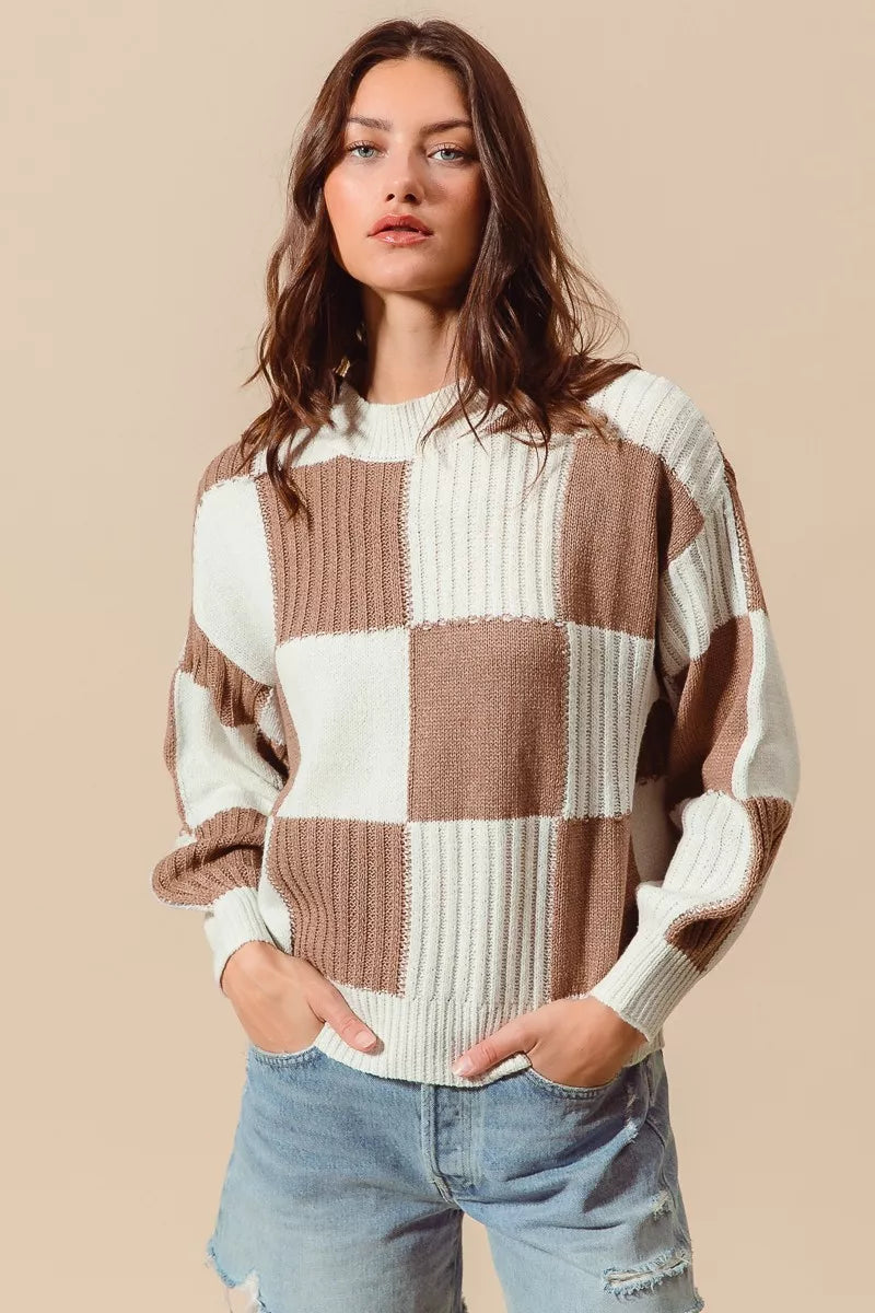 Ribbed Checkered Plaid Color Block Sweater in Coffee and Ivory view 8