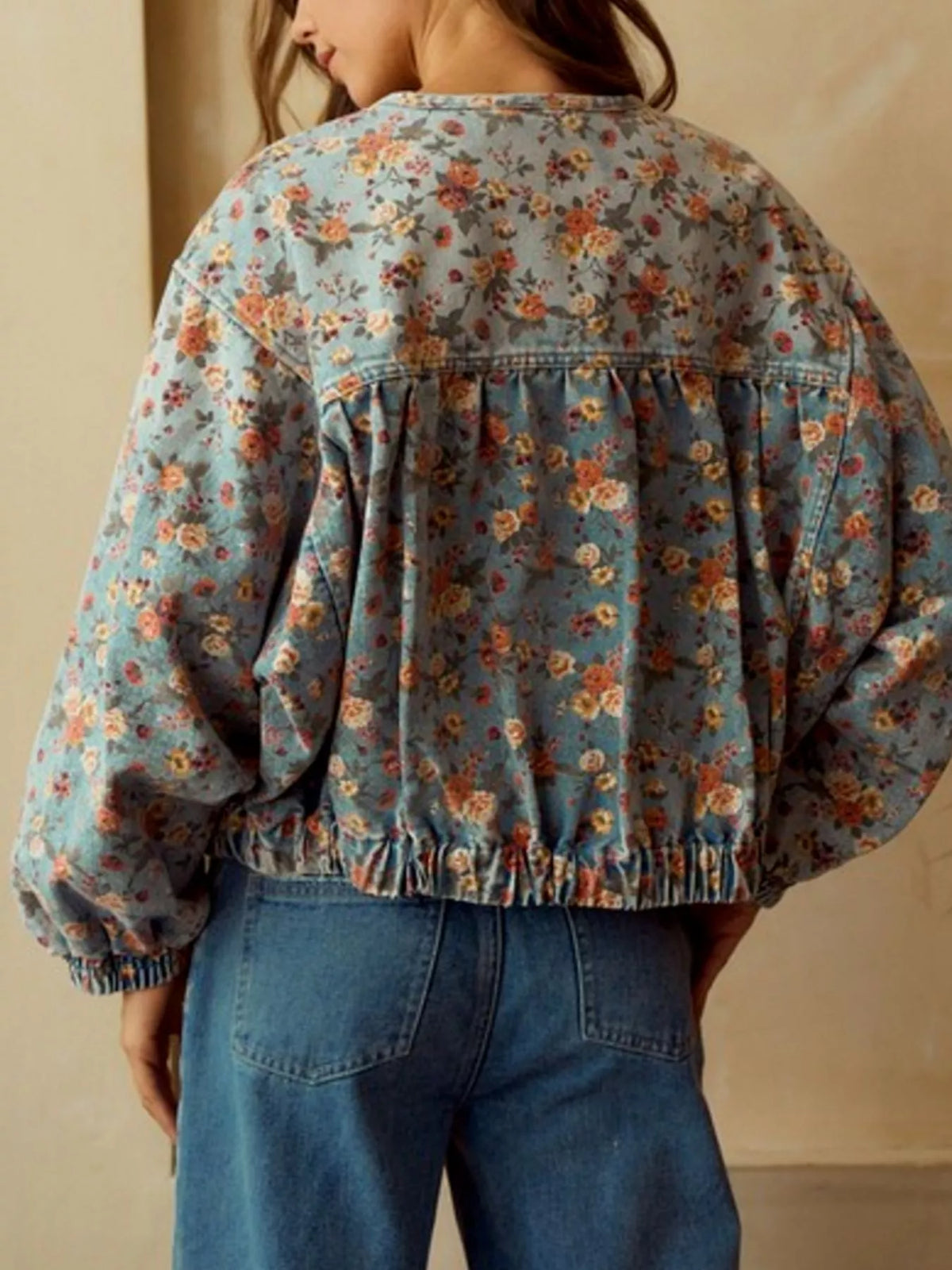 Floral Print Cropped Zip Up Denim Jacket side view