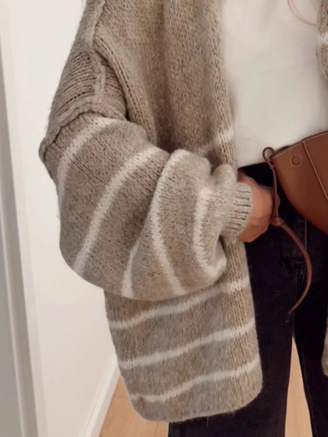 Striped Open Front Dropped Shoulder Cardigan - Fashorio