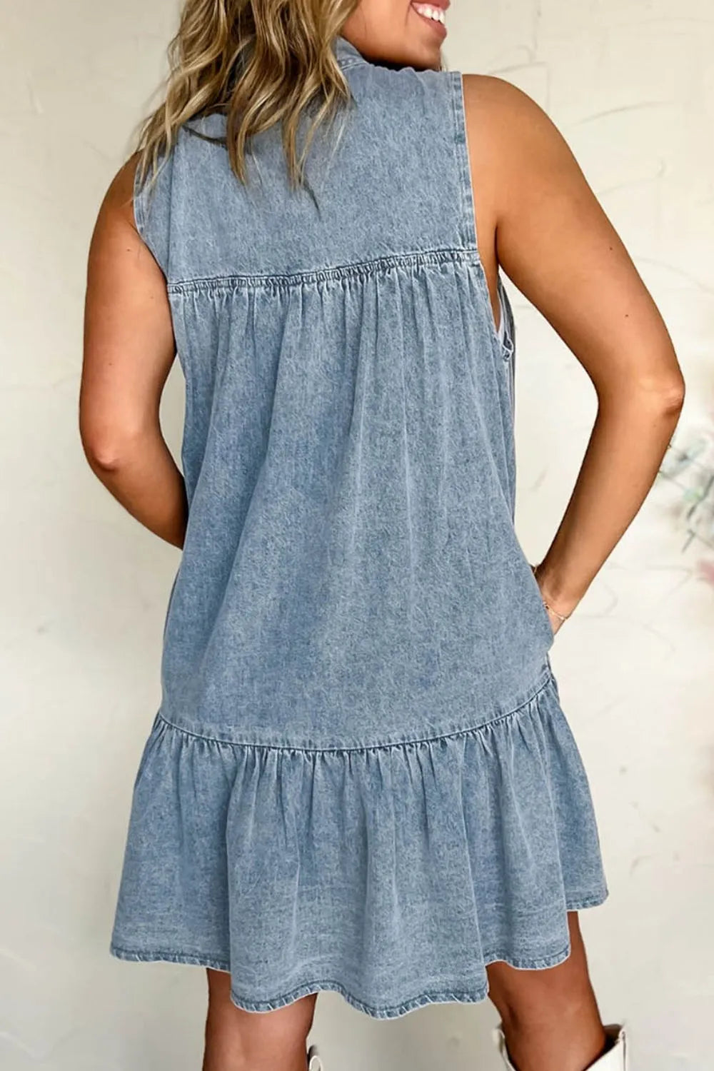 Tie Neck Sleeveless Denim Dress - Fashorio