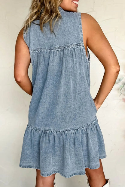 Tie Neck Sleeveless Denim Dress - Fashorio