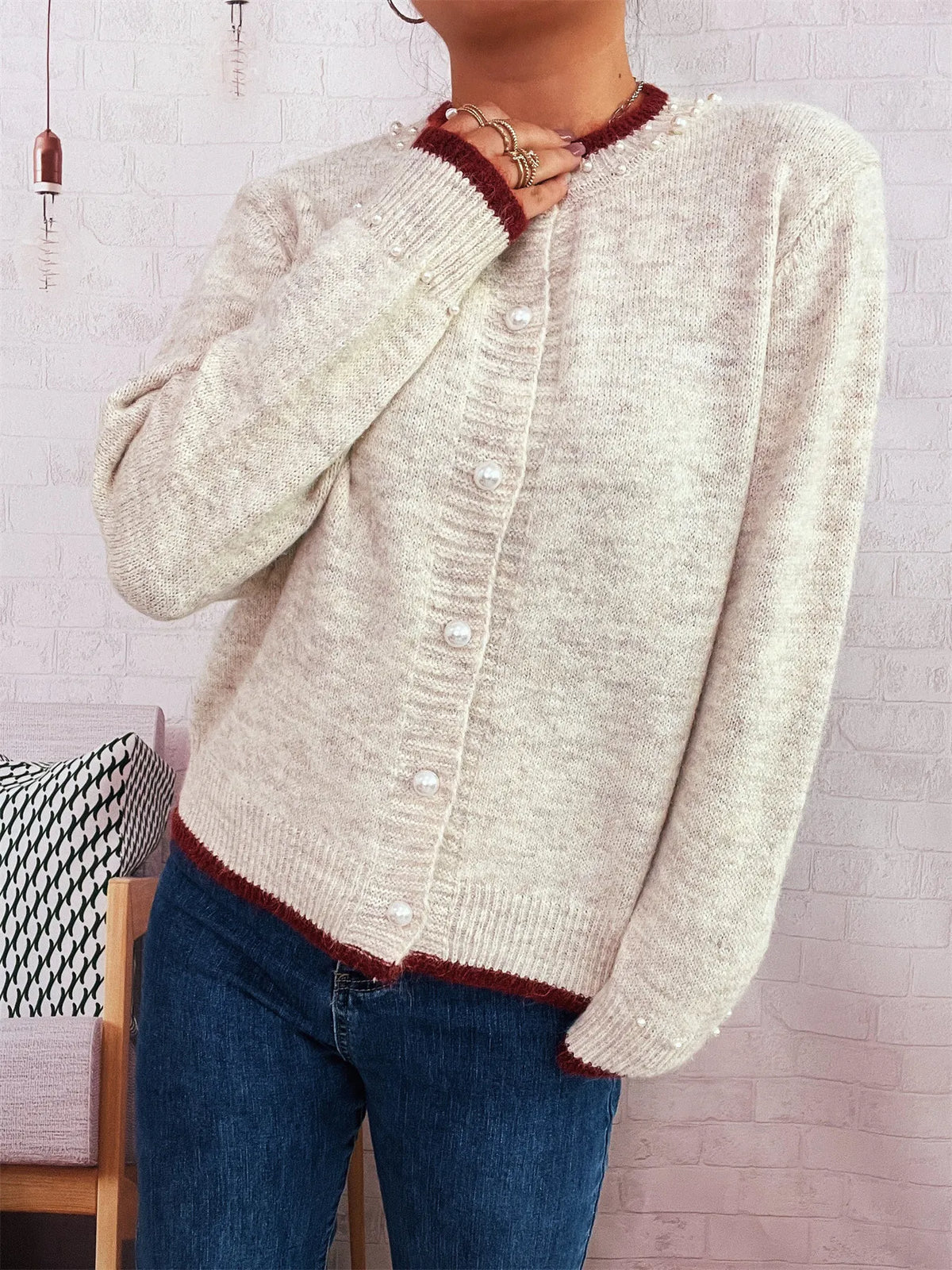 pearl button front ribbed cardigan fabric detail