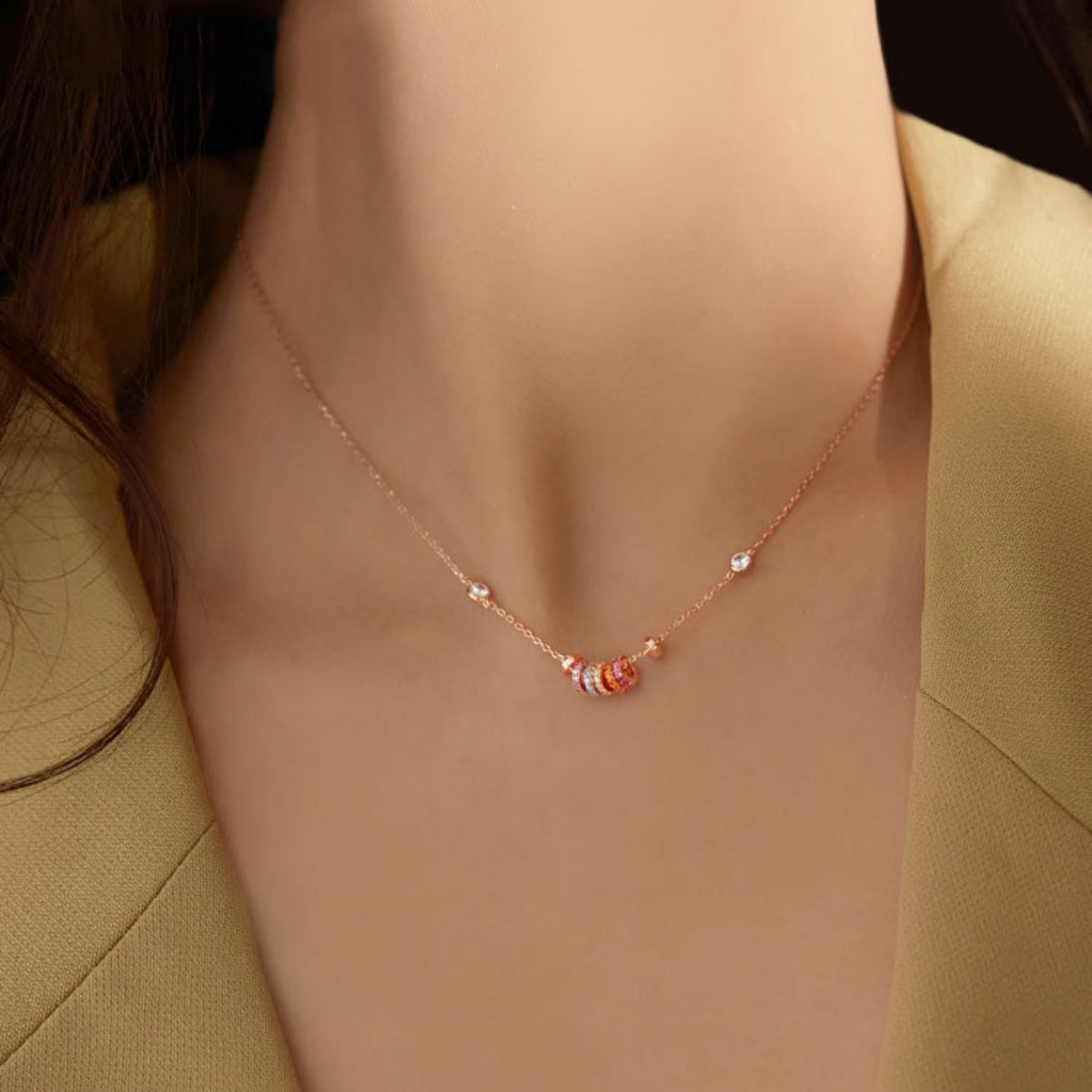Sterling silver circle pendant necklace worn on a model