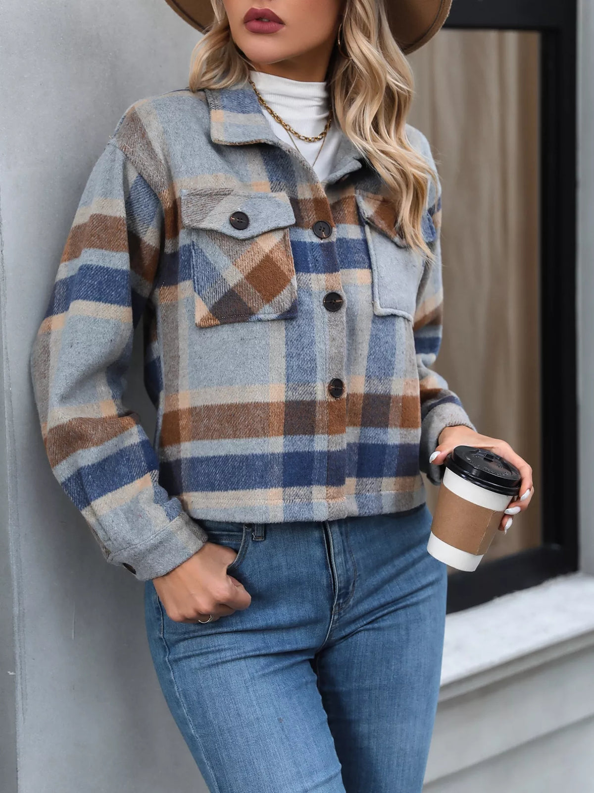 Plaid Oversized Cropped Jacket in Taupe styled look