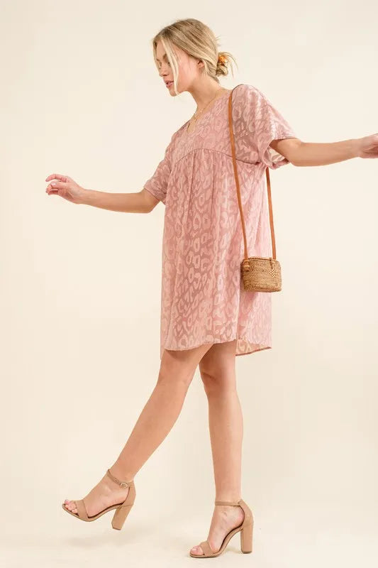 Woven Leopard Baby Doll Roll Sleeve Casual Dress back view