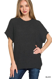 Zenana Short Sleeve Round Neck Sweater BLACK - Fashorio