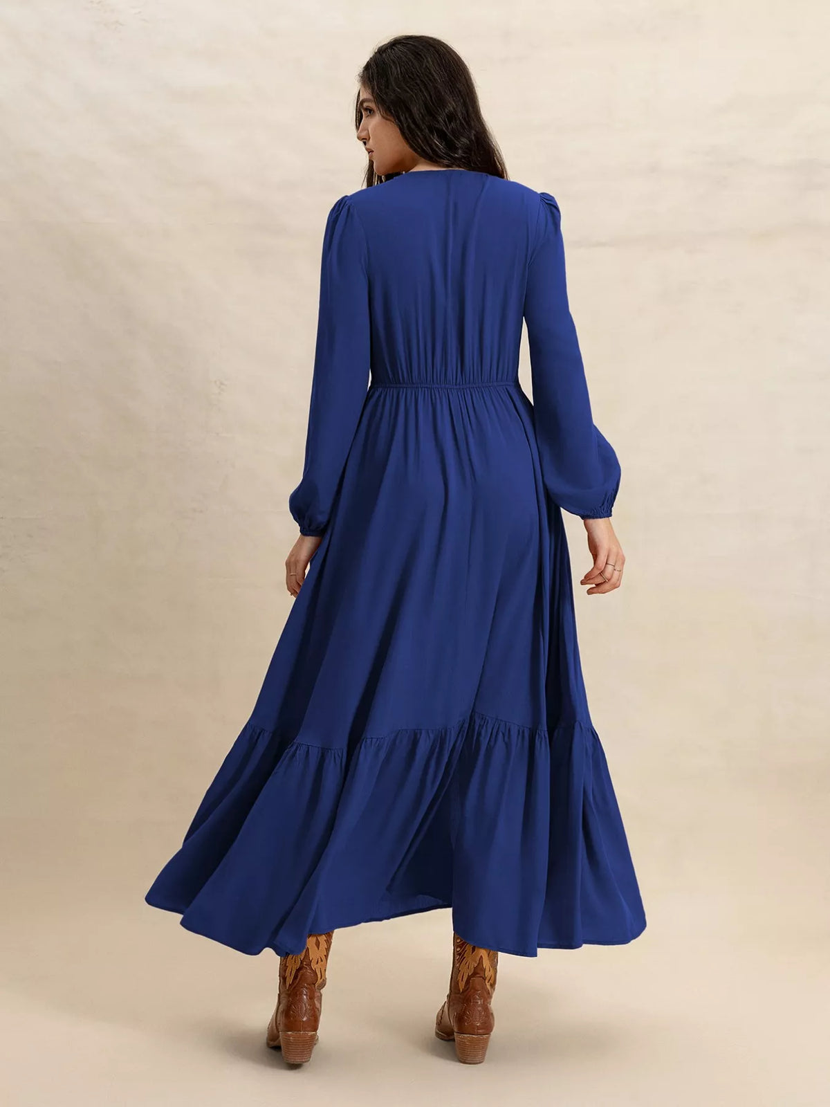 Ruched waist maxi dress styled look