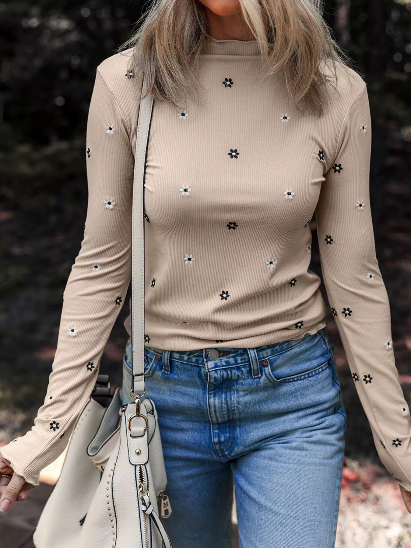 Floral Embroidered Detail Ribbed Long Sleeve Top Khaki - Fashorio