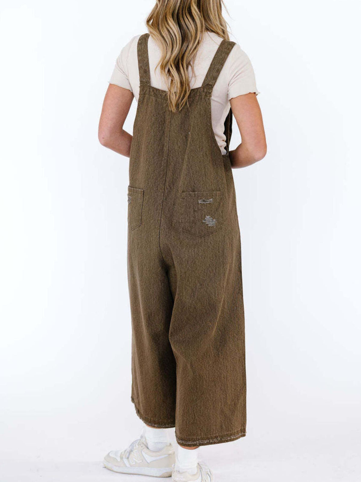 Wide leg denim overalls fit view