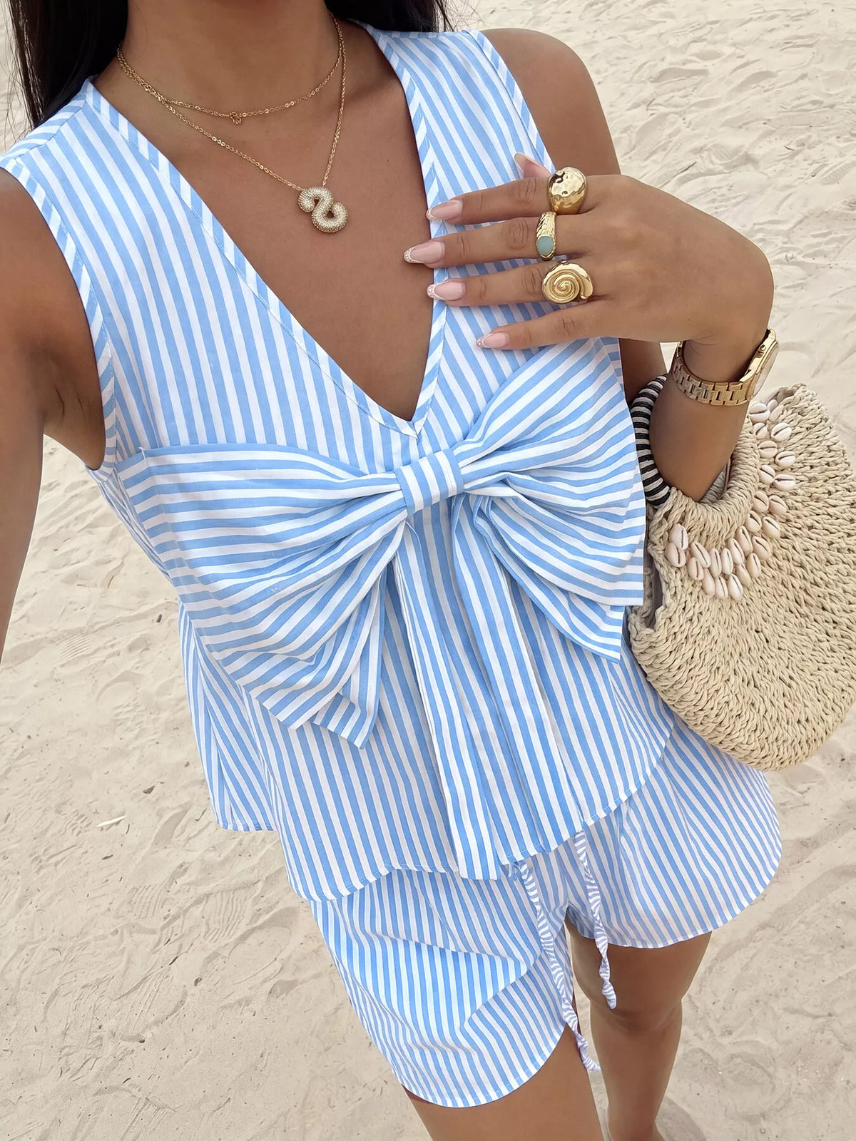 Striped bow top and shorts set styled outfit